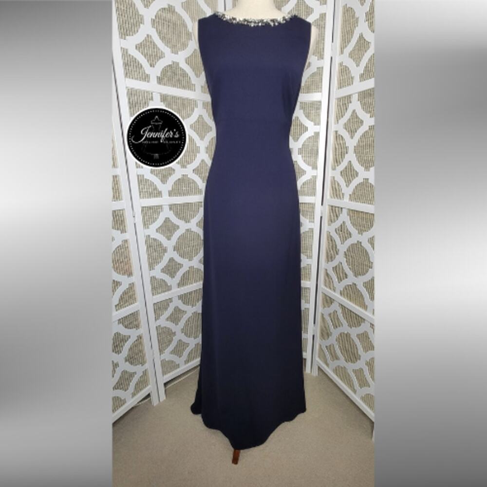 Vince Camuto Navy Blue Embellished Open Ruffle Back Crepe Gown Size 12